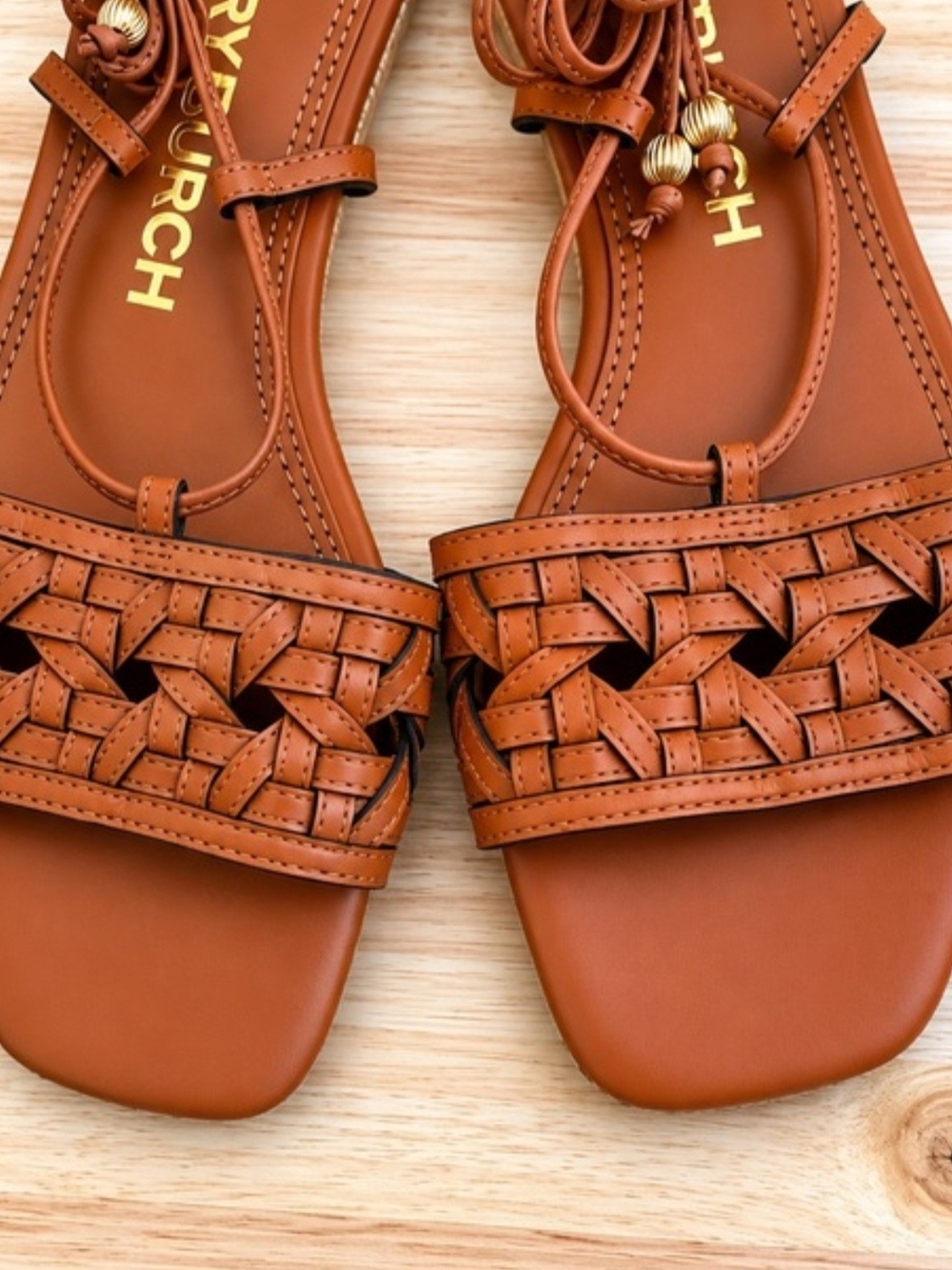 Tory Burch Basketweave Lace-Up Women's Sandals in Cognac - Picture 3 of 15